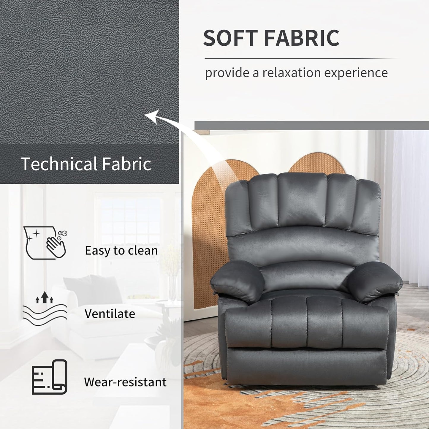 Luxlen Manual Recliner Chair, Reclining Chair with Overstuffed Armrest and Backrest, Living Room Single Sofa Recliners,Light Grey