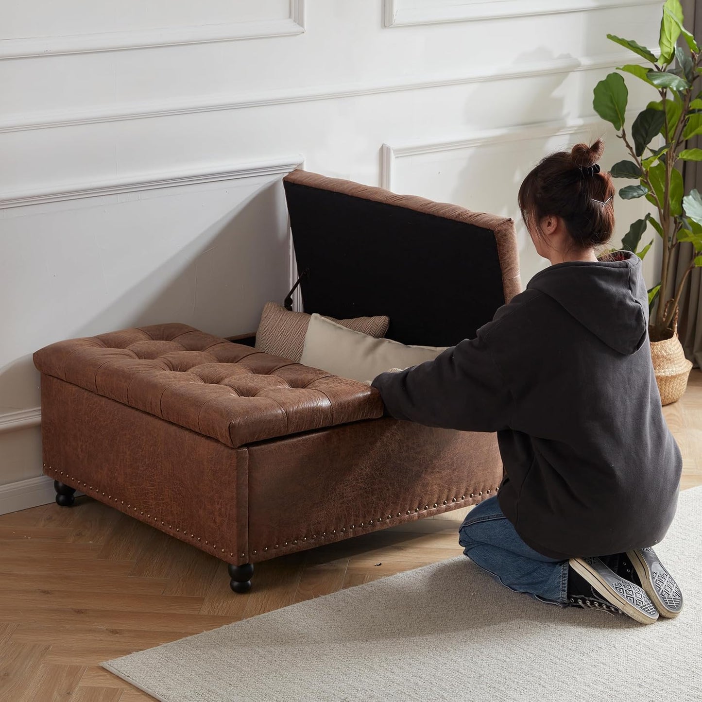 Tbfit Large Square Storage Ottoman Bench, Tufted Upholstered Coffee Table Ottoman with Lift Top & Solid Wood Legs, Oversized Storage Ottomans Toy Box for Living Room (Brown)