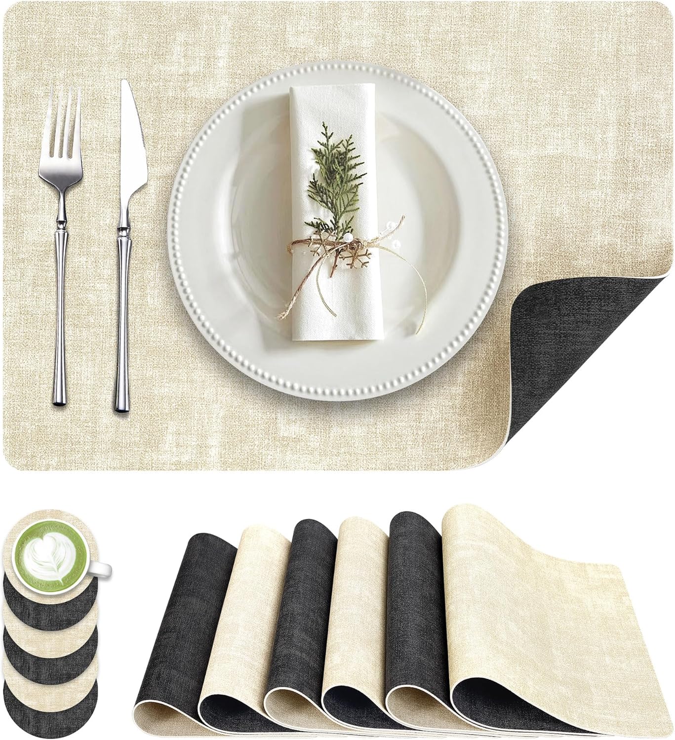Faux Leather Dual Sided Placemats Set of 6, Square Non-Slip Heat Resistant Placemats with Coaster, Reversible Wipeable Waterproof Table Mats for Kitchen, Dining, Outdoor (6, Black Beige)