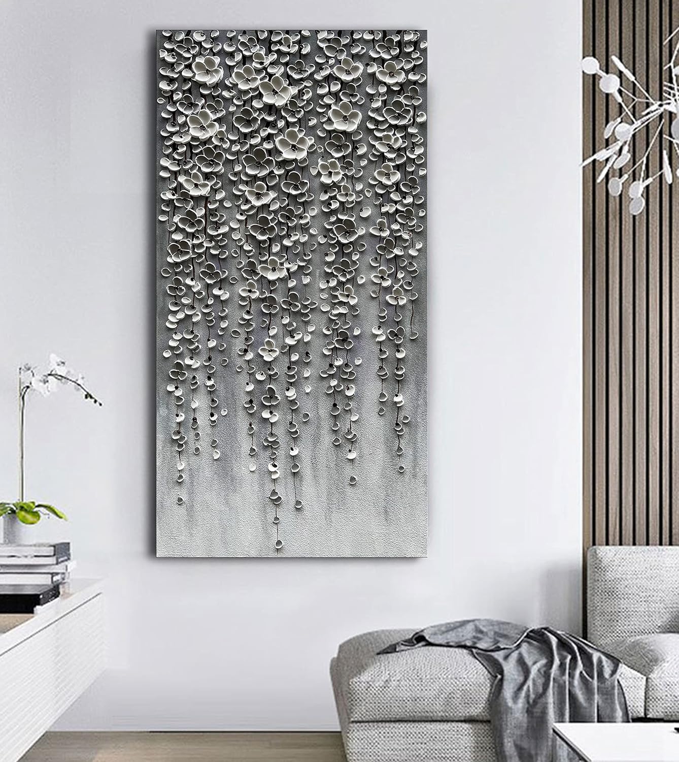 Epicler Modern Art Oil Painting,46x23 inches White Flower Wall Art Painting, Abstract Canvas Wall Art for Home Wall Decoration