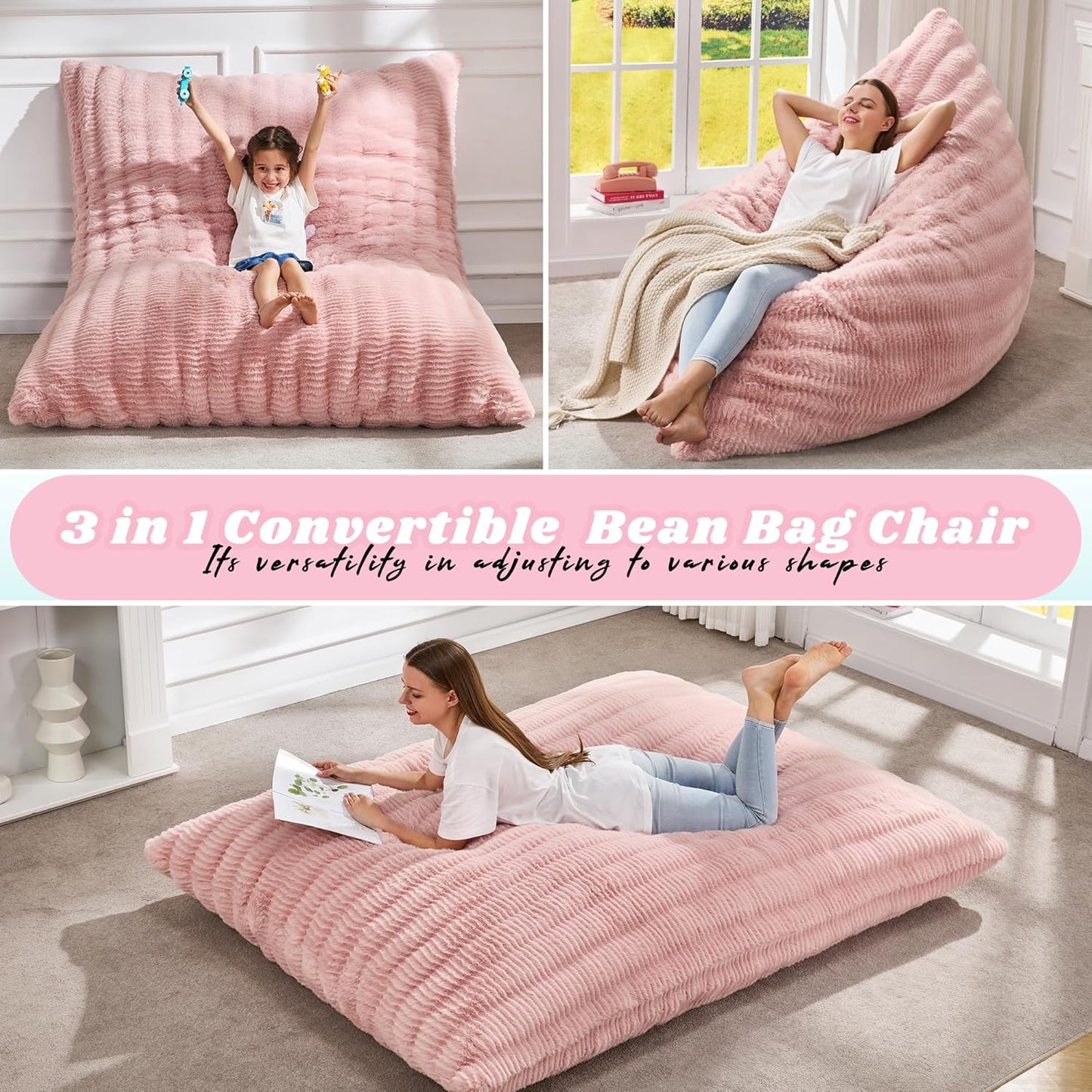 Hobestluk 3 in 1 Bean Bag Chair Giant Bean Bag Chairs for Adults with Ripple Cover Convertible Bean Bag Floor Cushion with Machine Washable Cover for Living Room (Ripple Pink)