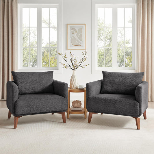 Oversized Accent Chair Modern Boucle Armchair for Living Room Sets of 2 - 37" Wide & Cozy Reading Chair with Solid Wood Legs, Dark Gray Upholstered Lounge Chair for Bedroom & Office (Easy Assembly)