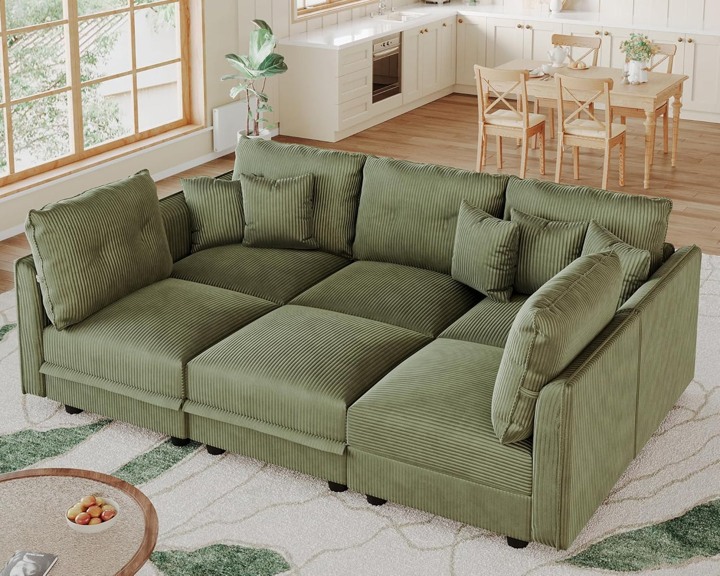 LLappuil Modular Sectional Sofa with Storage Seats, Corduroy Convertible Modular U Shaped Sectional Couch for Living Room, 6 Seat Oversized Sofa with 5 Back Cushion 5 Throw Pillow, Green