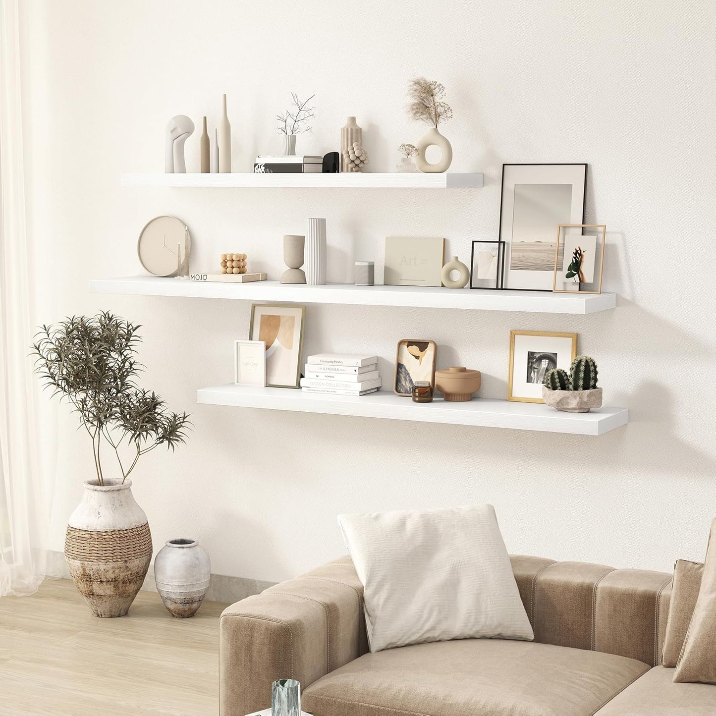 Fun Memories 55 Inch Floating Shelves for Wall 2 Pack Shelves for Bedroom|Kitchen|Bathroom 55 x 9.3 Inch Wood Floating Shelf with Invisible Brackets for Books|Storage|Decor, White