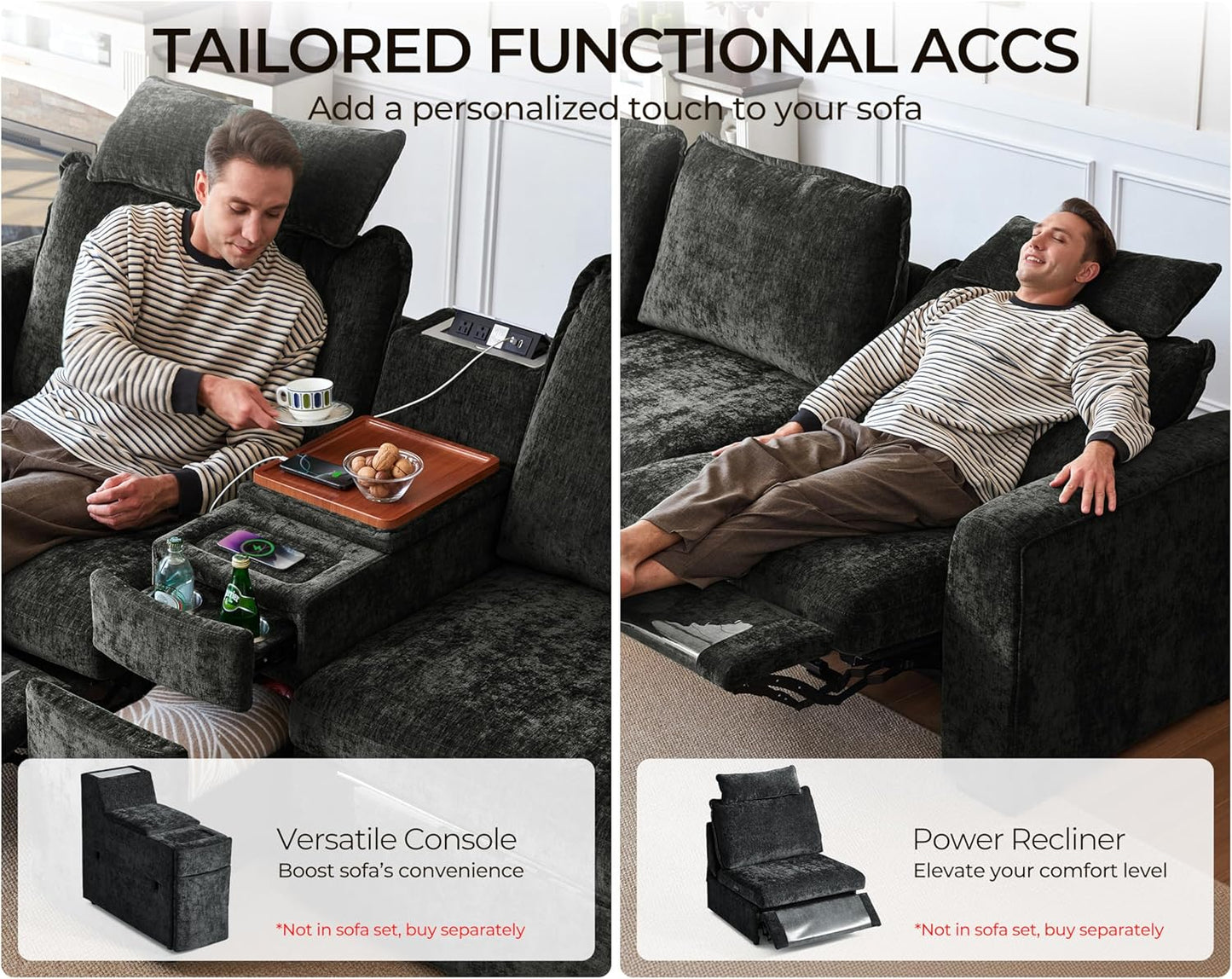 Oversized Modular Sofa Comfy Cloud Couch with Storage, Extra Deep Plush Sectional Sofa Set for Living Room, Covers Washable, Chenille, Olar (Black, 8-Seater with Corner & 2 Ottomans, u-Shaped)