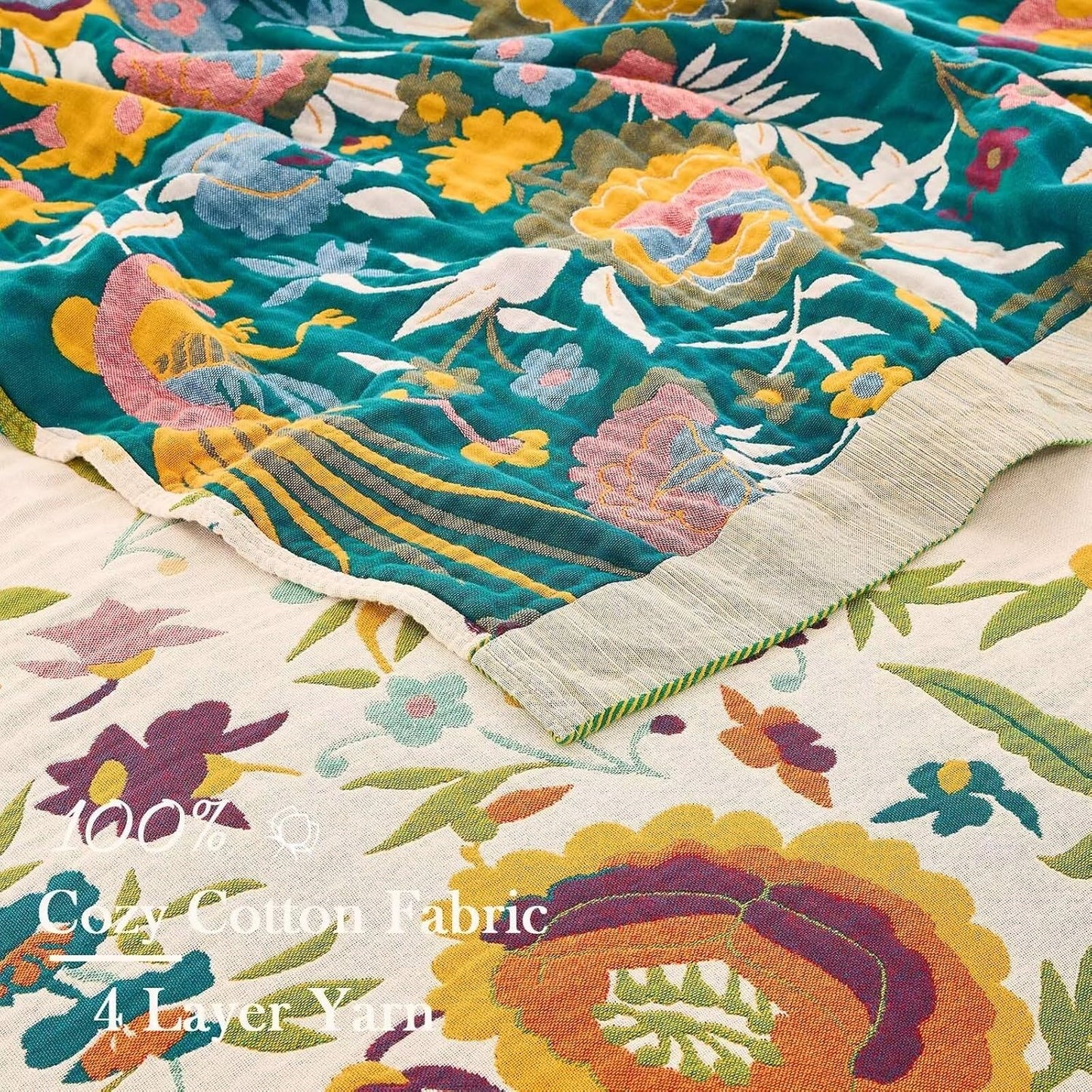 Boho Throw Blanket for Bed, 100% Cotton Soft Rustic Quilt Fall Blanket, 80" 90" Floral Printed Farmhouse Decor Bed Blankets, All Season Rustic Reversible Bohemian Throw Quilt