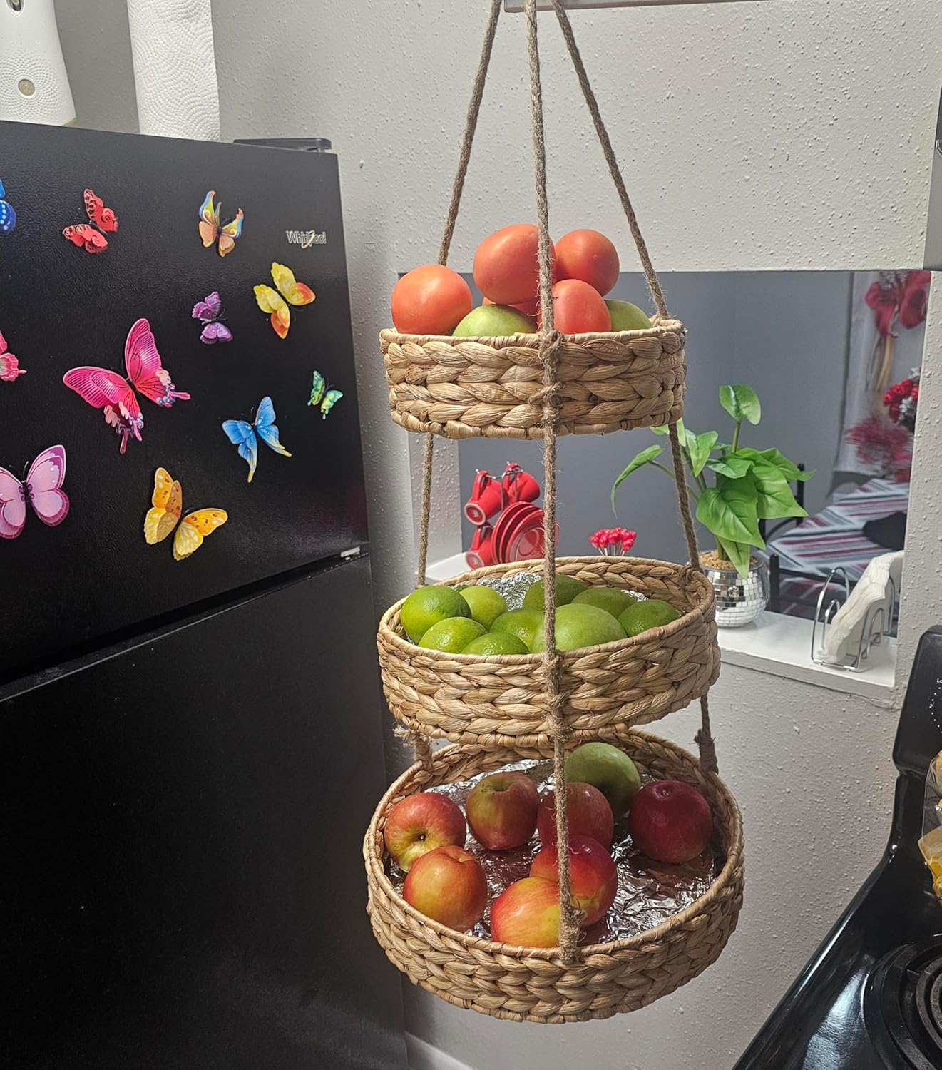 Generic HANFRUBASK - Hanging Fruit Basket Set of 3, Woven Water Hyacinth, Round, Beige, Rustic, Kitchen Storage & Organization