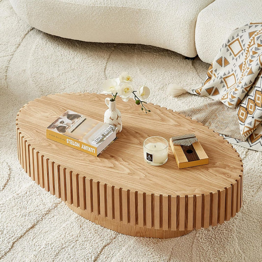 Oval Coffee Table for Living Room, Modern Fluted Coffee Tables with Pedestal Base, Handcrafted Centre Tea Tables Easy Assembly-43.7" Natural