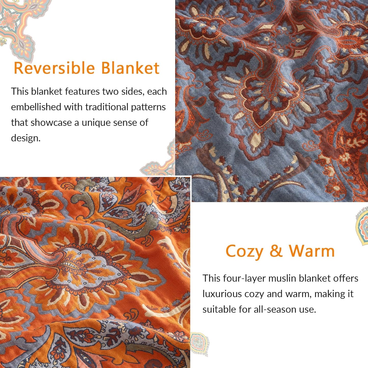 Boho Throw Blanket for Couch Sofa Bed, 100% Cotton Woven Quilt with Tassel 60”x80”, Super Soft Muslin Blanket with Oriental Universe Printed, Decorative Reversible Bed Blanket/Cover for All Seasons