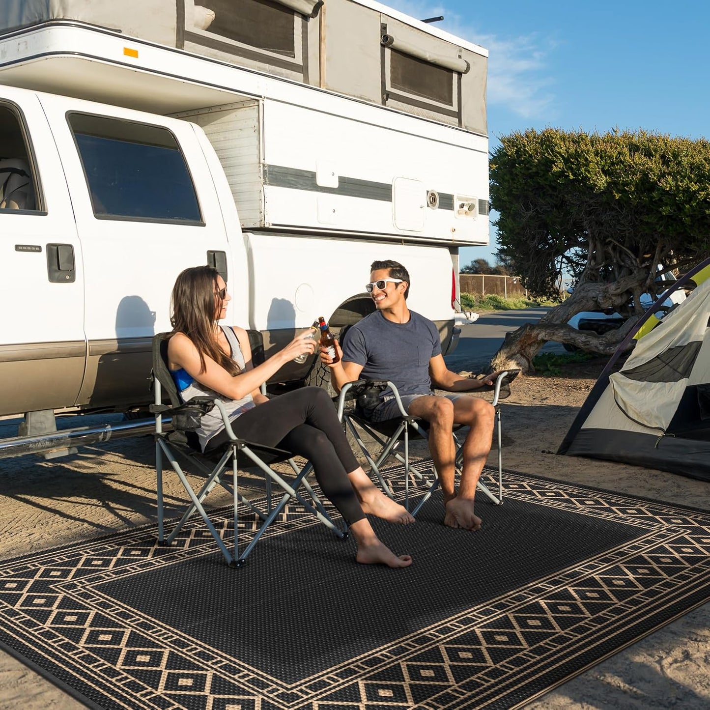 GENIMO Outdoor Rug Waterproof 6'x9' for Patio, Foldable Reversible Plastic Straw Carpet for Travel Trailers, Outside Area Mat for Rv, Deck, Picnic, Porch, Camper, Balcony, Beach, Black & Brown