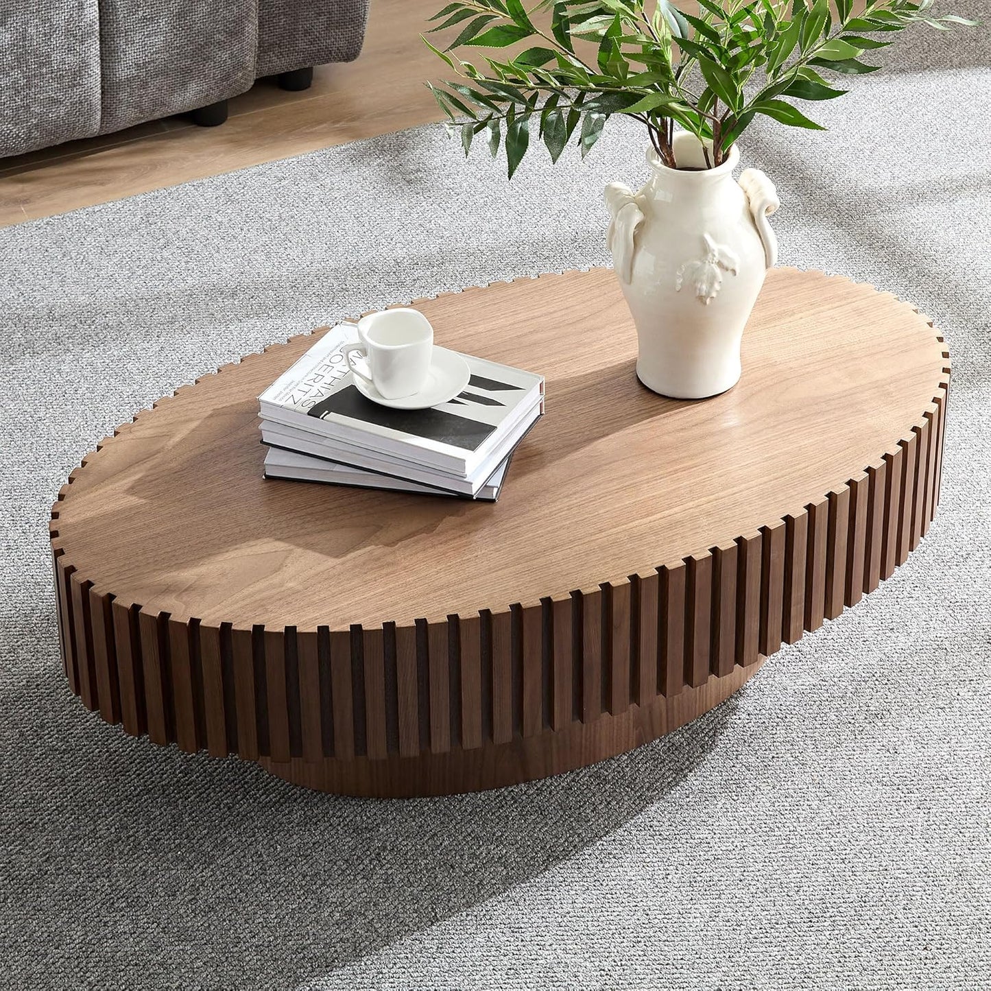 Oval Coffee Table for Living Room, Modern Fluted Coffee Tables with Pedestal Base, Handcrafted Centre Tea Tables Easy Assembly-43.7" Walnut