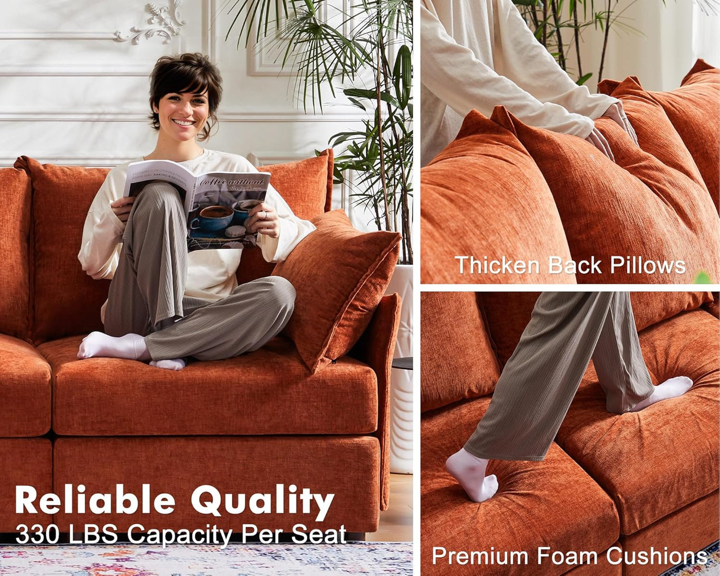 135.5" Oversized Modular Sectional Sofa, L Shaped Convertible Couch with Movable Ottoman, Large 6 Seat Corner Couches for Living Room Deep Seat Terracotta Orange Chenille