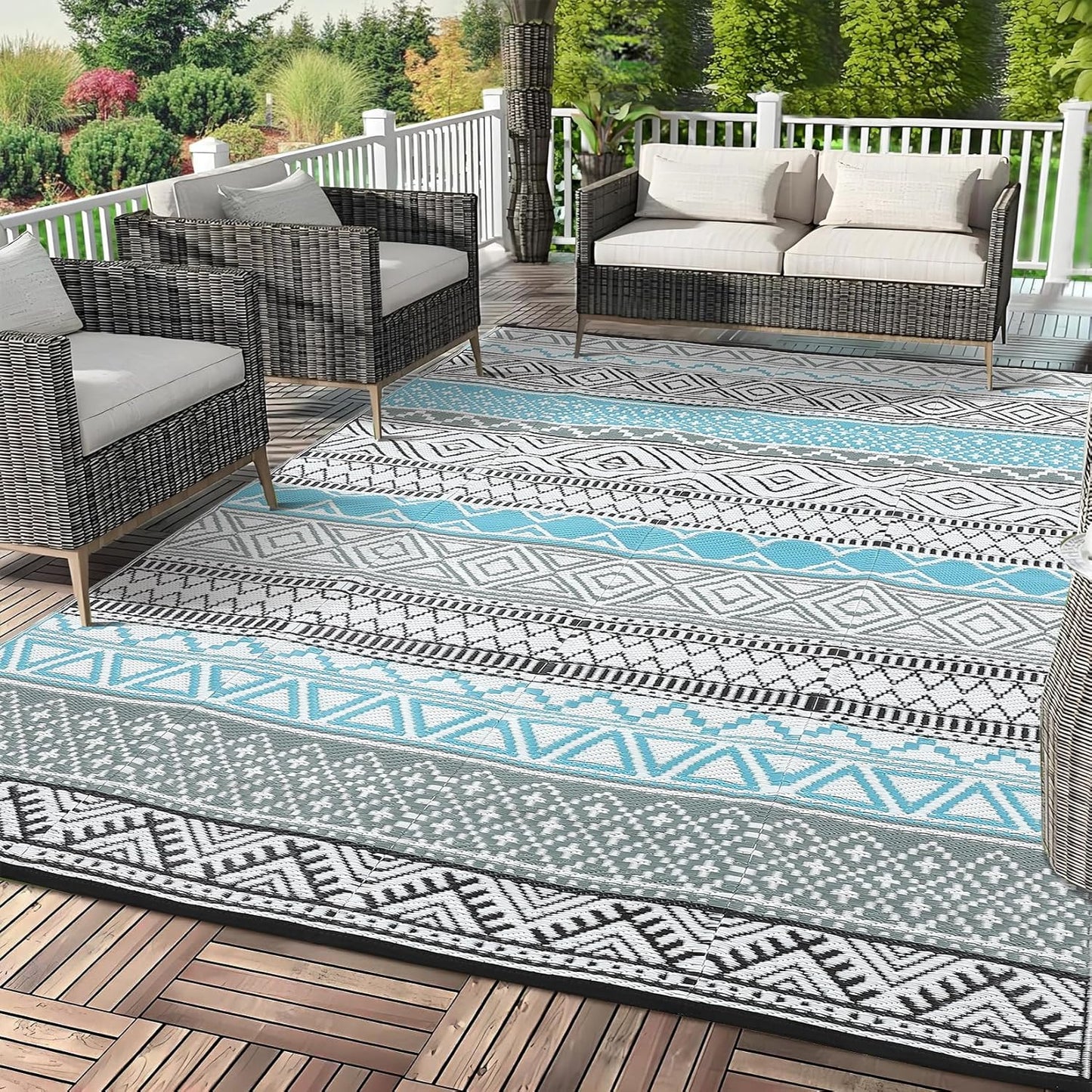 GAOMON Outdoor Rug Waterproof 8'x10', Reversible Outdoor Plastic Straw Rug, Boho Patio Rug, Indoor Outdoor Carpet, RV Mat Outside for Patio, Camp, Picnic, Balcony, Deck, Blue/Grey(Bohemia)