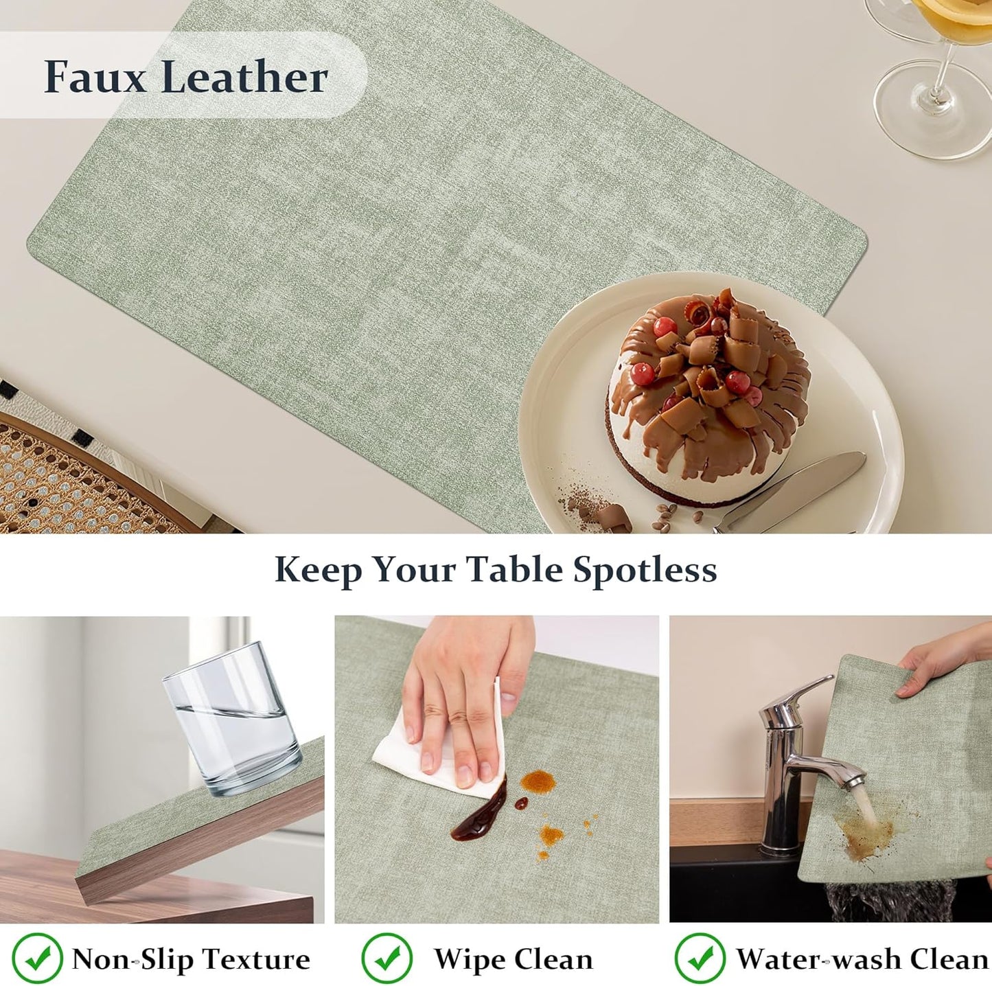 FROMHEART Faux Leather Placemats Set of 8–Waterproof,Heat/Oil Stain-Resistant PU Table Mat–Reversible,Non-Slip,Easy to Clean Place Mats for Kitchen,Dining,Indoor/Outdoor,(Light Green,11.8" x 17")