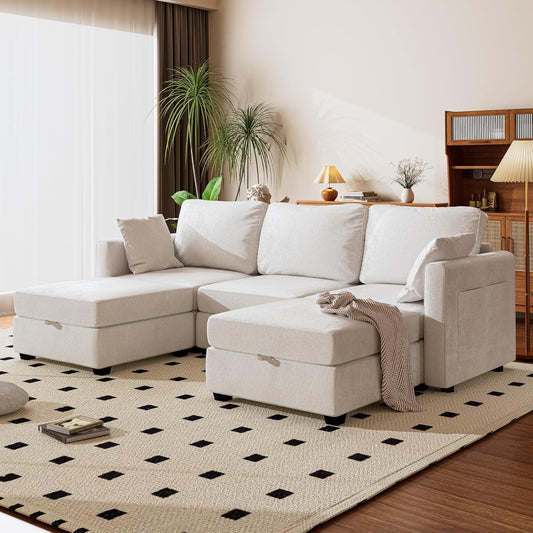 mestyl Modular Sectional Sofa Convertible U Shaped Sofa Couch Set with Storage for Living Room, Modern 3 Seater Modular Sectional Couch with 2 Movable Ottoman (Beige)