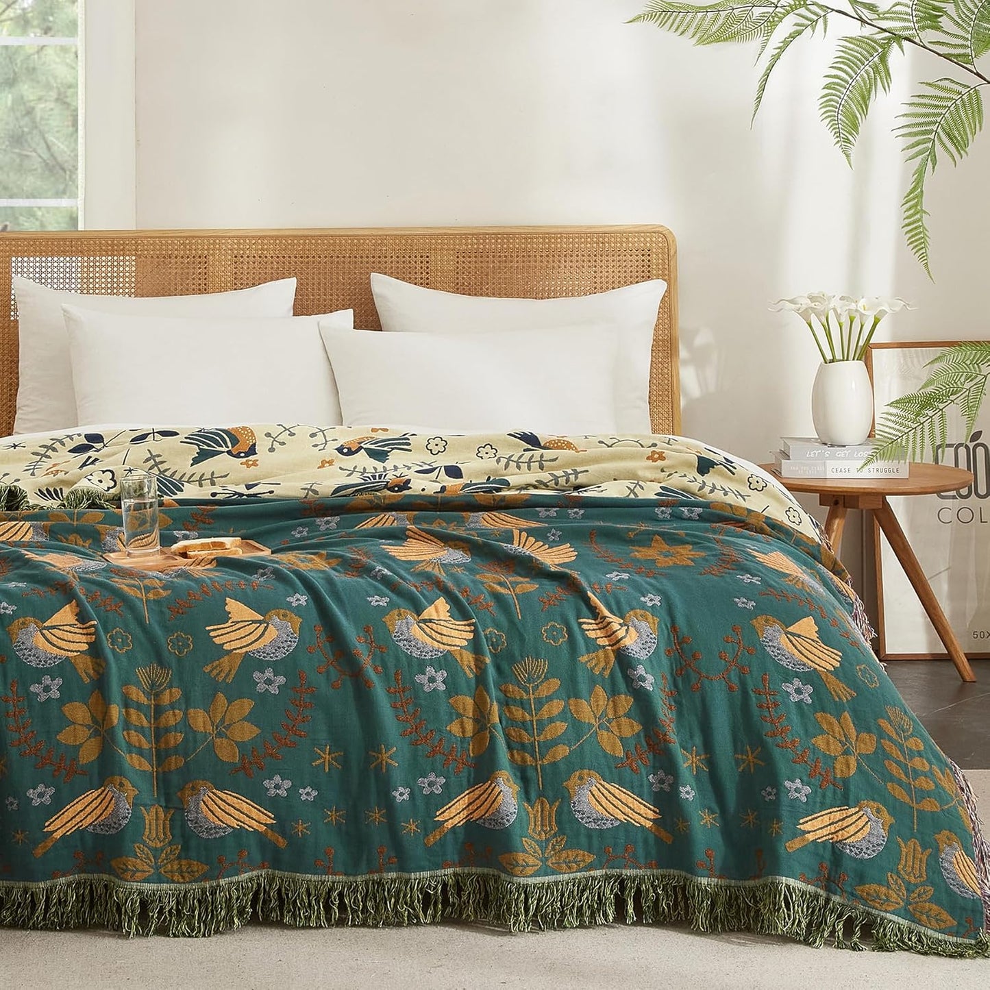 Boho Throw Blanket for Couch Sofa Bed, 100% Cotton Woven Quilt with Tassel 90”x98”, Super Soft Muslin Blanket with Bird Printed, Decorative Reversible Bed Blanket/Cover for All Seasons