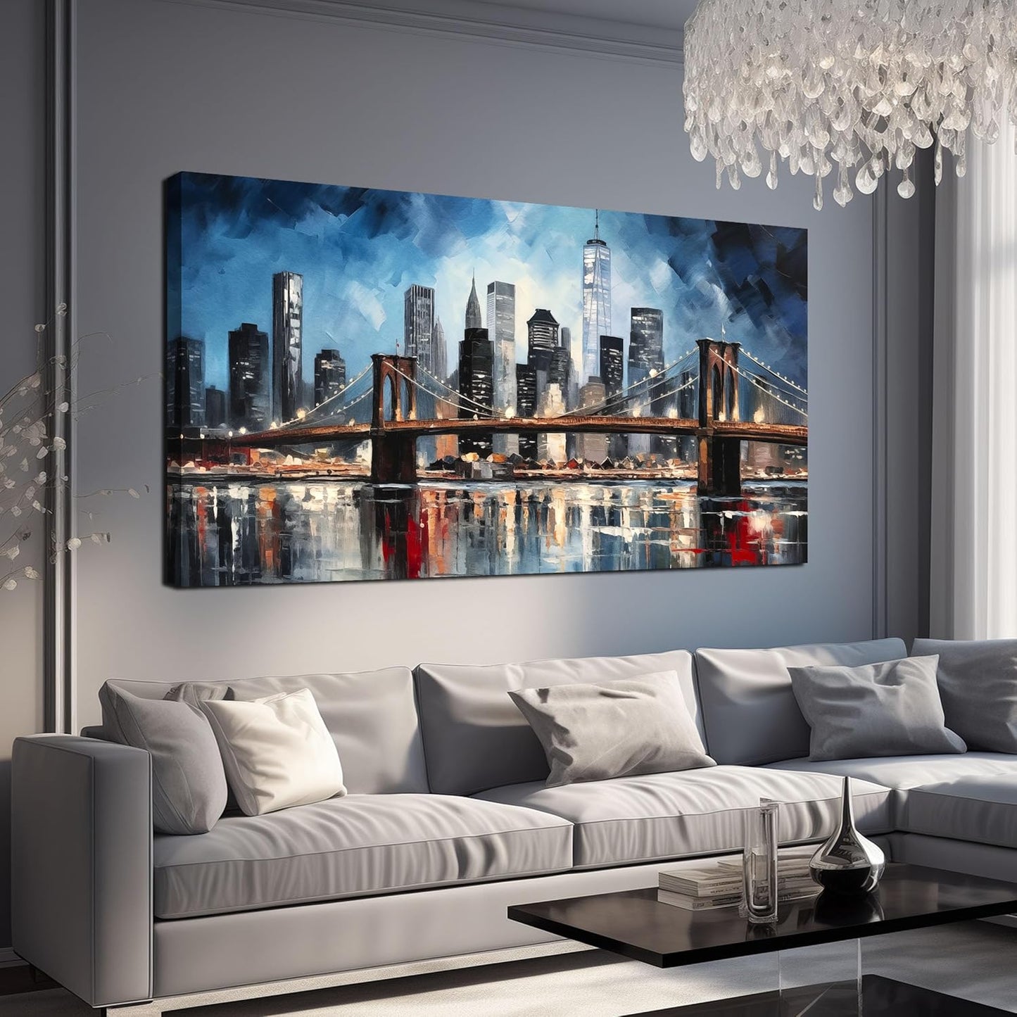 Brooklyn Bridge Wall Art for Bedroom,Modern City Large Canvas Wall Art Living Room,Blue Home Office Decor 29 x 59 Inch