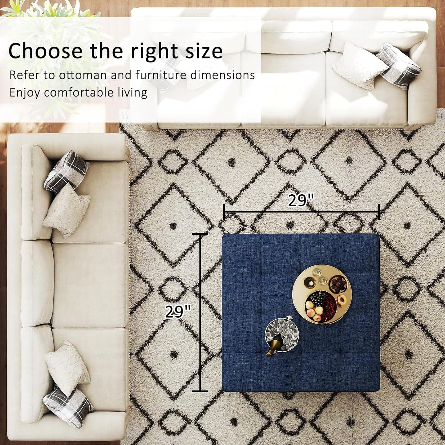 Large Square Ottoman Coffee Table, Linen Solid Upholstered Footrest Ottoman with Solid Wood Shelf Storage Tufted Coffee Table for Bedroom Living Room, Navy Blue