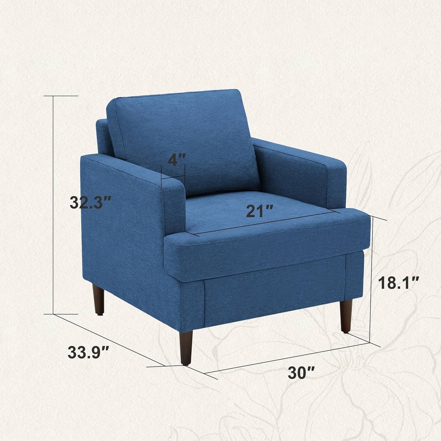 Mid-Century Accent Chair,Modern Linen Fabric Armchair for Living Room,Comfy Upholstered Reading Accent Chairs for Bedroom,Single Sofa Chair with Wood Legs (Blue, 2 Pack)