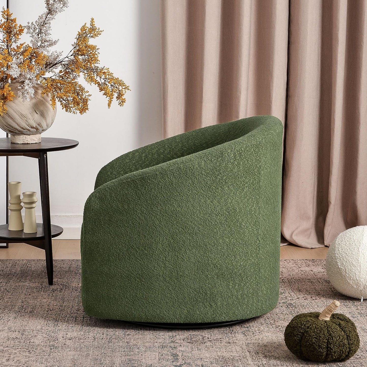 KINWELL 32" Wide Modern Boucle Swivel Barrel Chair, No Assembly Round Upholstered Swivel Accent Armchair for Living Room, Bedroom, Office (Green)