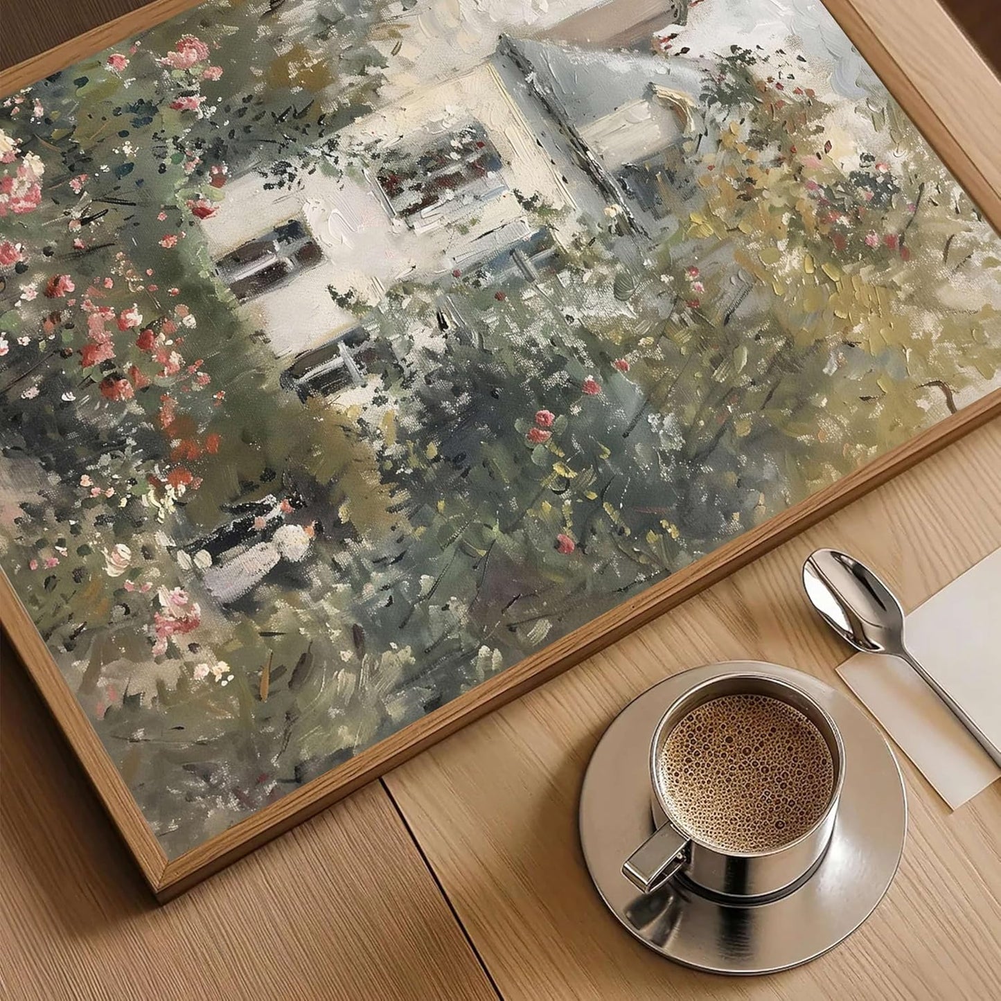 Floating Framed Canvas Vintage Wall Art, Neutral English Cottage Rose Garden Oil Paintings Print, Spring Pictures Wall Decor for Living Room Hallway Bedroom Office Rustic Decor 16x24 inch