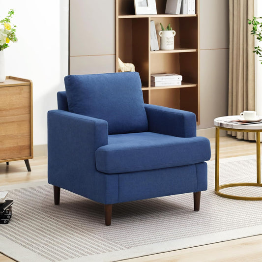 Mid-Century Accent Chair,Modern Linen Fabric Armchair for Living Room,Comfy Upholstered Reading Accent Chairs for Bedroom,Single Sofa Chair with Wood Legs (Blue, 1 Pack)