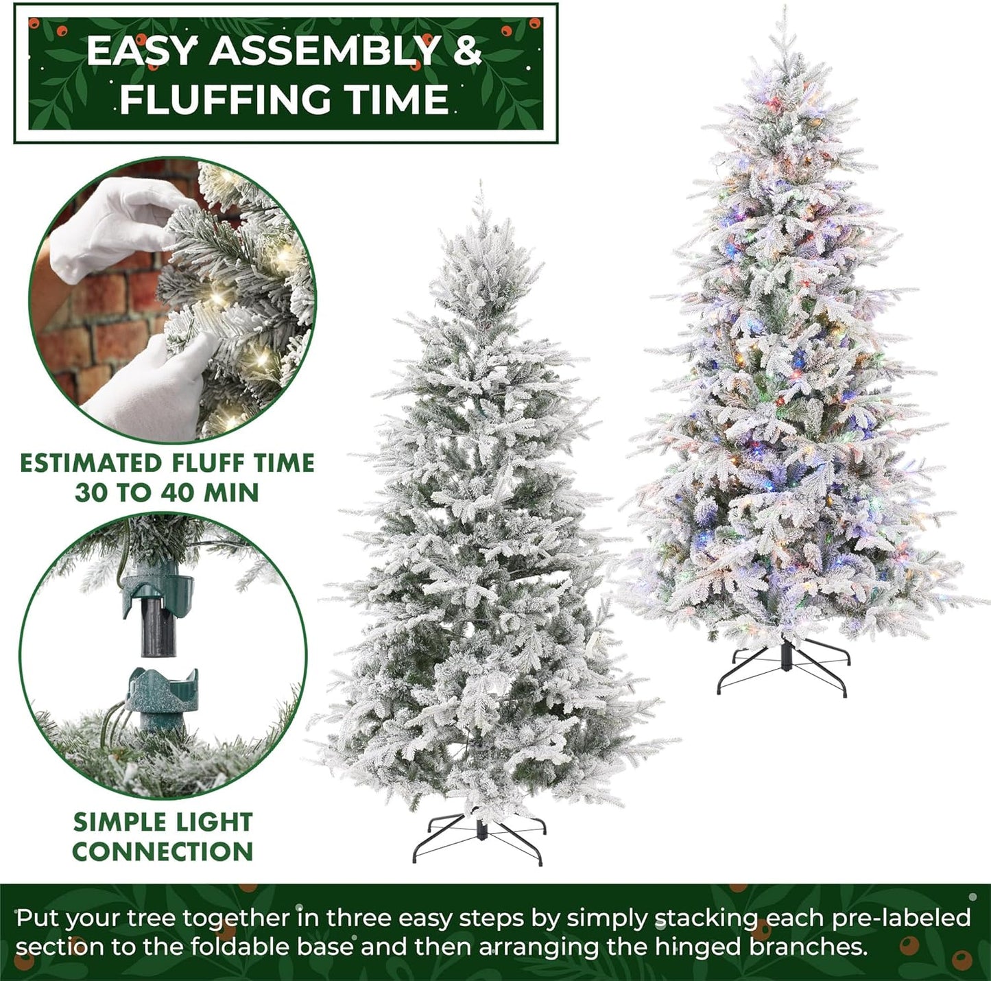 Casafield 6.5FT Pre-Lit Snow Flocked Slim Aspen Fir Artificial Holiday Christmas Tree with White & Multicolored LED Lights, Realistic Noble Fir with Metal Stand