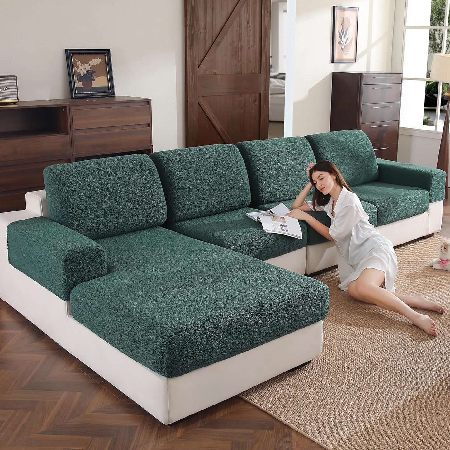 Couch Cushion Covers for Sectional Sofa, Stretch Soft Sofa Slipcovers Washable Wear-Resistant Universal Furniture Protector for Living Room(1 Piece Oversized Cover, Green)