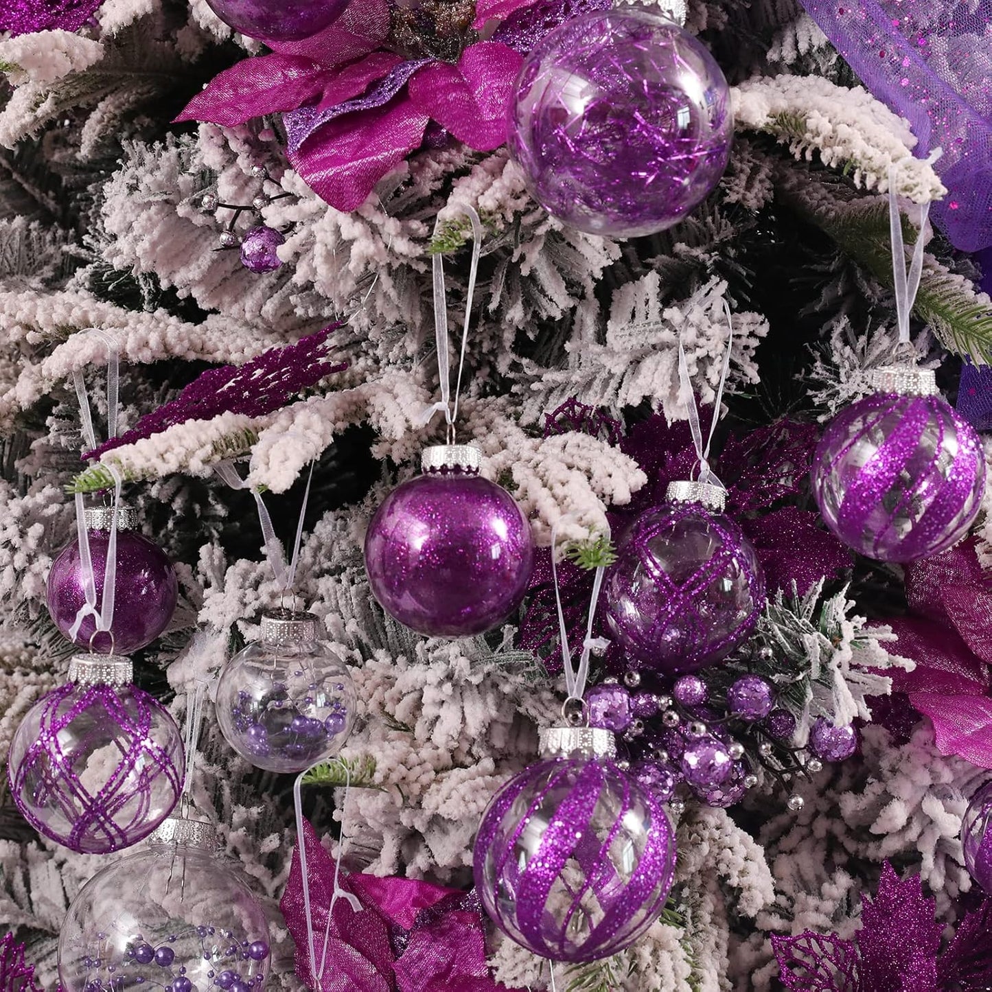 Clear Christmas Ball Ornaments,24ct Shatterproof Plastic Decorative Christmas Ornaments Hanging Xmas Tree Baubles Set with Stuffed Delicate Glittering Decorations for Holiday Party Home Decor(Purple)
