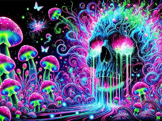 BlissYard Glowing Tapestry Blacklight Skull Tapestry 78x59 Inch Psychedelic Skull Mushroom UV Reactive Neon Mushroom Galaxy Space Tapestry Wall Hanging for Living Room Bedroom Party Backdrop Decor
