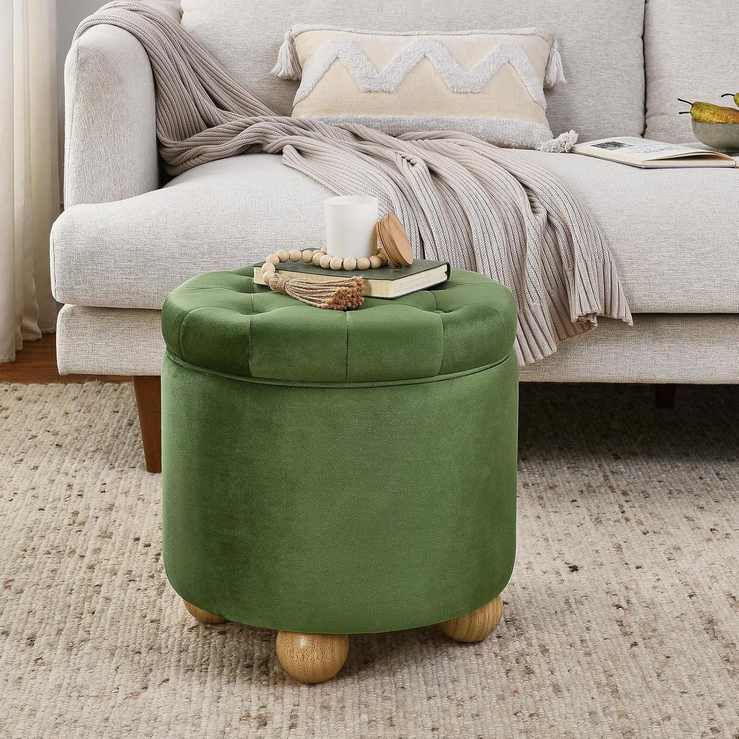 Furniliving Upholstered Button Tufted Round Ottoman, Velvet Storage Ottomans Round, Removable Lid Convenient Footstools, Bedroom Ottoman with Storage for Vanity, Living Room, Green