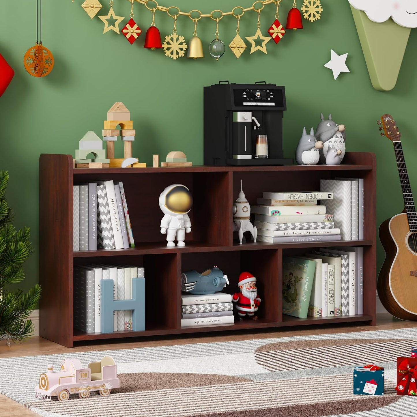 Book Shelf, 5 Cubes Storage Organizer, Open Shelf Wooden Bookcase, Freestanding Cherry Bookshelf Cube Shelf for Bedroom, Living Room, Home Office