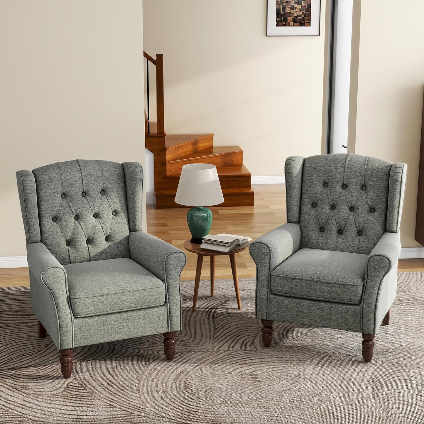 UIXE High Back Accent Chairs Set of 2, Upholstered Armchair in Fabric, Retro Wingback Arm Chair for Living Room, Comfy Single Sofa Bedroom Reading Seat with Solid Wood Legs - Dark Gray