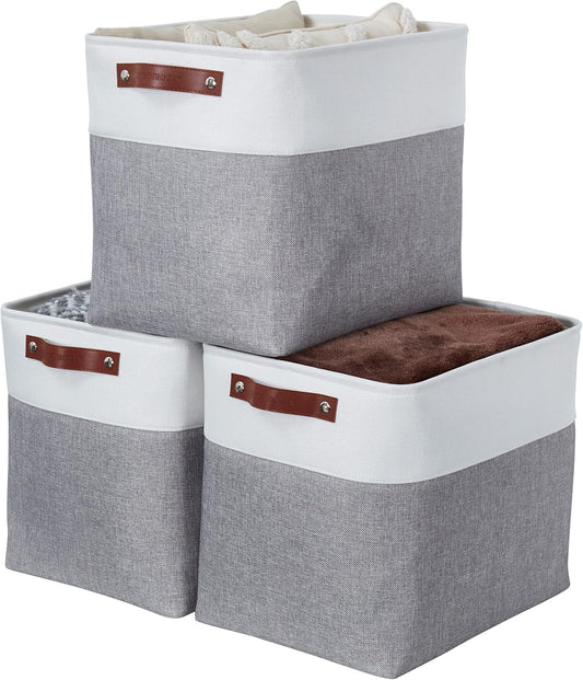 DECOMOMO Storage Baskets | Large Storage Bins 54.5L Fabric Baskets for Organizing Laundry Nursery Toys Cloth Linen Closet Organizers with Handles (Grey and White, XXXL - Jumbo/3P - 17" x 13" x 15")