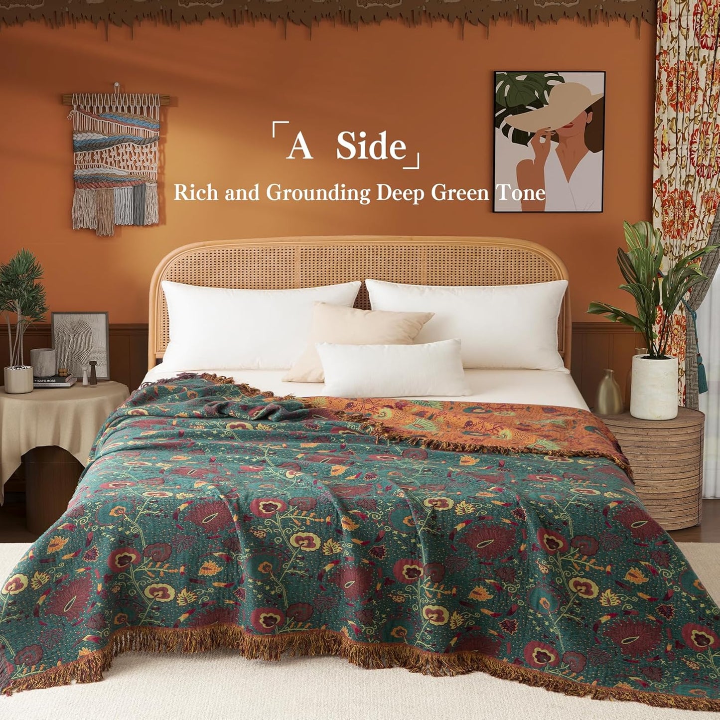 Boho Throw Blanket Full Size, Extra Large Soft Cozy Cotton Muslin Quilt Blanket for Bed Decor, Floral Patterned Couch Sofa Chair Cover, Vintage Farmhouse Cottage Woven Blanket, Green&Orange