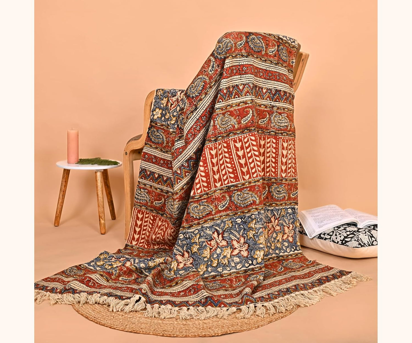 Handmade Cotton Floral Throw Blanket | Indian Block Print with Tassels | Boho Fringed Sofa & Bed Cover | 48x70 Inches Lightweight Decorative Throw for Couch, Living Room & Bedroom