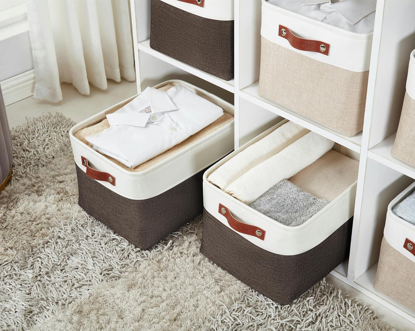 DECOMOMO Storage Bins Fabric Storage Baskets for Shelves, Linen Closet Organization Toys Nursery (Brown and White, Large - 4 Pack)