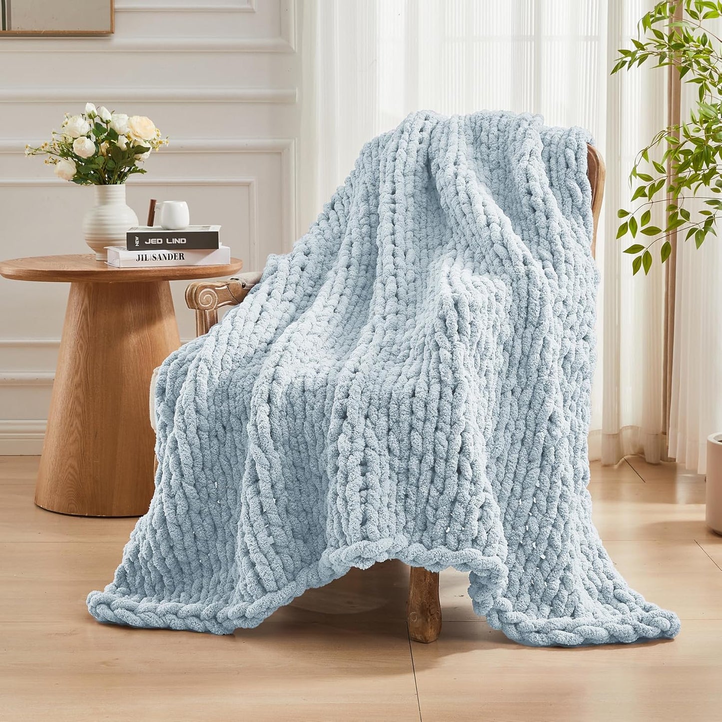 Carriediosa Chunky Knit Throw Blanket 50" X 60", 100% Hand Made Large Chenille Loop Yarn Soft Fluffy Throws for Couch Sofa Bed, Big Crochet Cozy Heavy Thick Cable Woven Blanket, Light Blue