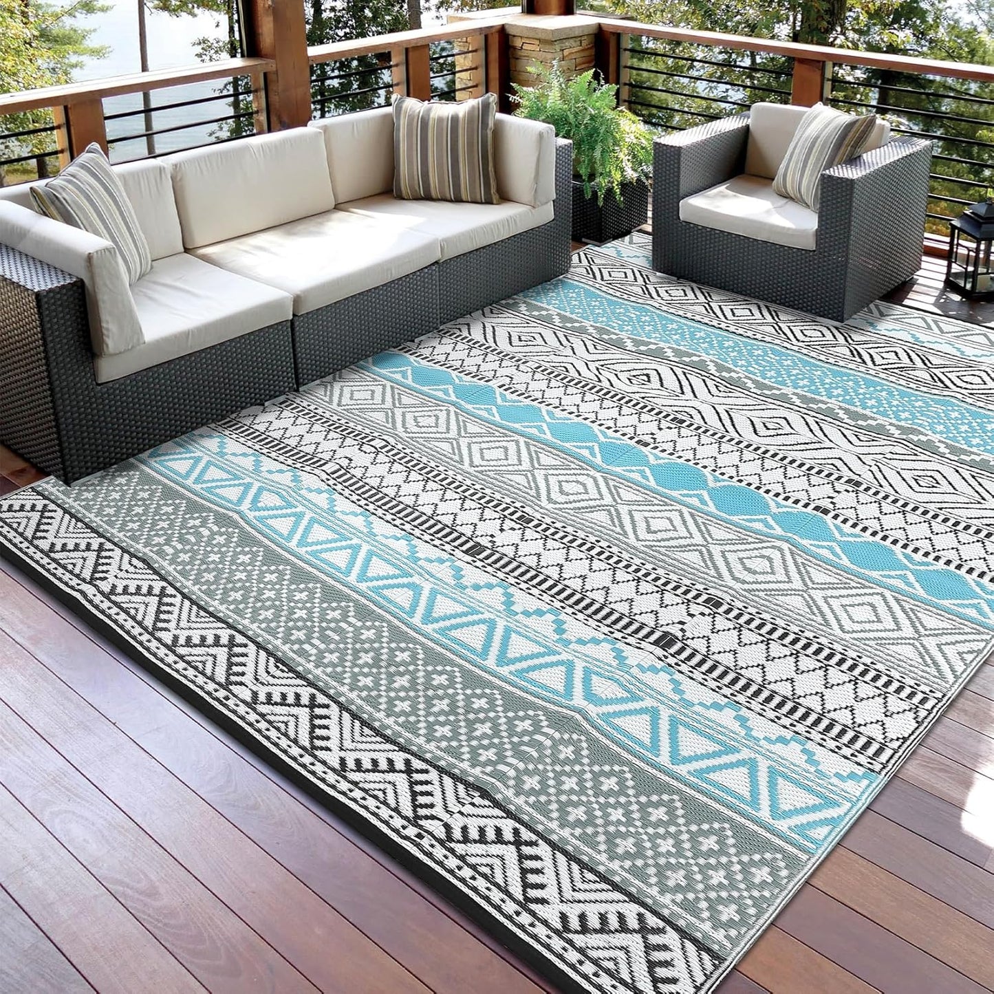 GAOMON Outdoor Rug Waterproof 8'x10', Reversible Outdoor Plastic Straw Rug, Boho Patio Rug, Indoor Outdoor Carpet, RV Mat Outside for Patio, Camp, Picnic, Balcony, Deck, Blue/Grey(Bohemia)