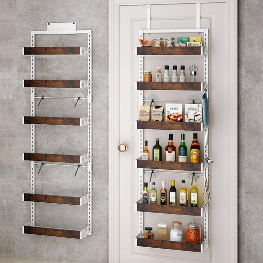 bukfen Over the Door Pantry Organizer, 6-Tier Adjustable Wooden Basket Kitchen Pantry Door Organization and Storage, Heavy-Duty Metal Hanging Kitchen Spice Rack,D6.3 x W17.71 x H50.60 inch,White