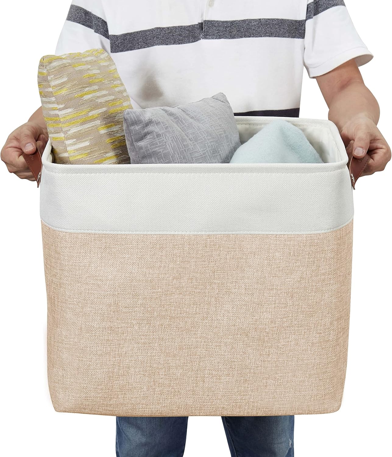 DECOMOMO Extra Large Storage Baskets 54.5L Fabric Storage Bins for Organizing Linen Closet, Toys, Nursery (Beige and White, XXXL - 3 pack)