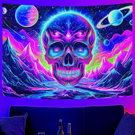 Blacklight Skull Tapestry, UV Reactive Gothic Skeleton Mountain Galaxy Planet Wall Hanging Tapestries, Glow in the Dark Horror Face Halloween Aesthetic Poster for Bedroom Living Room Decor 90X70IN