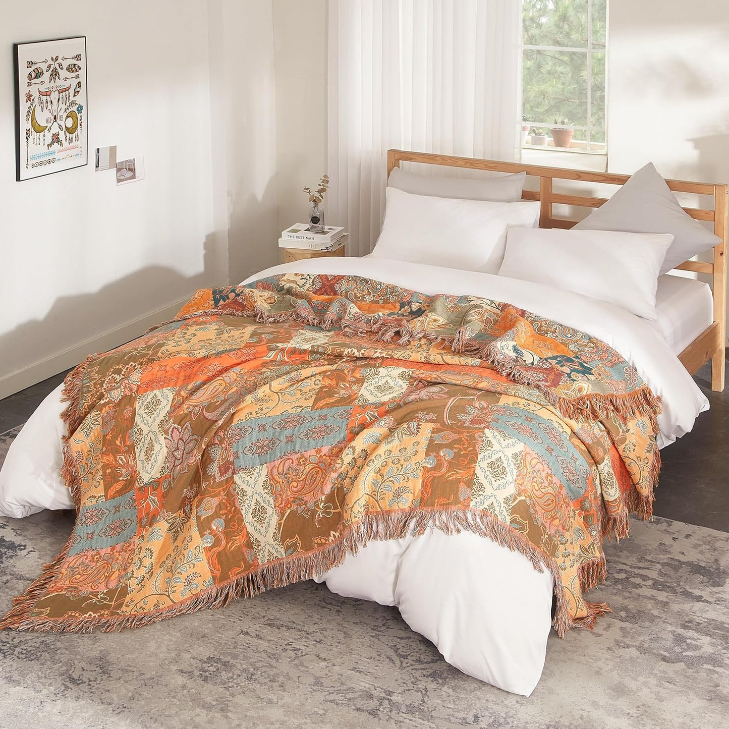 Boho Throw Blanket for Bed 90”x98”, 100% Cotton Woven Blanket for Couch Sofa, Ultra Soft 4-Layer Muslin Quilt with Patchwork Floral Printed, Farmhouse Bed Blanket/Cover for Living Room Decor