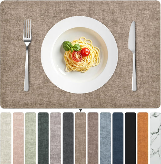 FROMHEART Faux Leather Placemats Set of 6–Waterproof,Heat/Oil Stain-Resistant PU Table Mat–Reversible,Non-Slip,Easy to Clean Place Mats for Kitchen,Dining,Indoor/Outdoor,(Light Coffee,11.8" x 17")