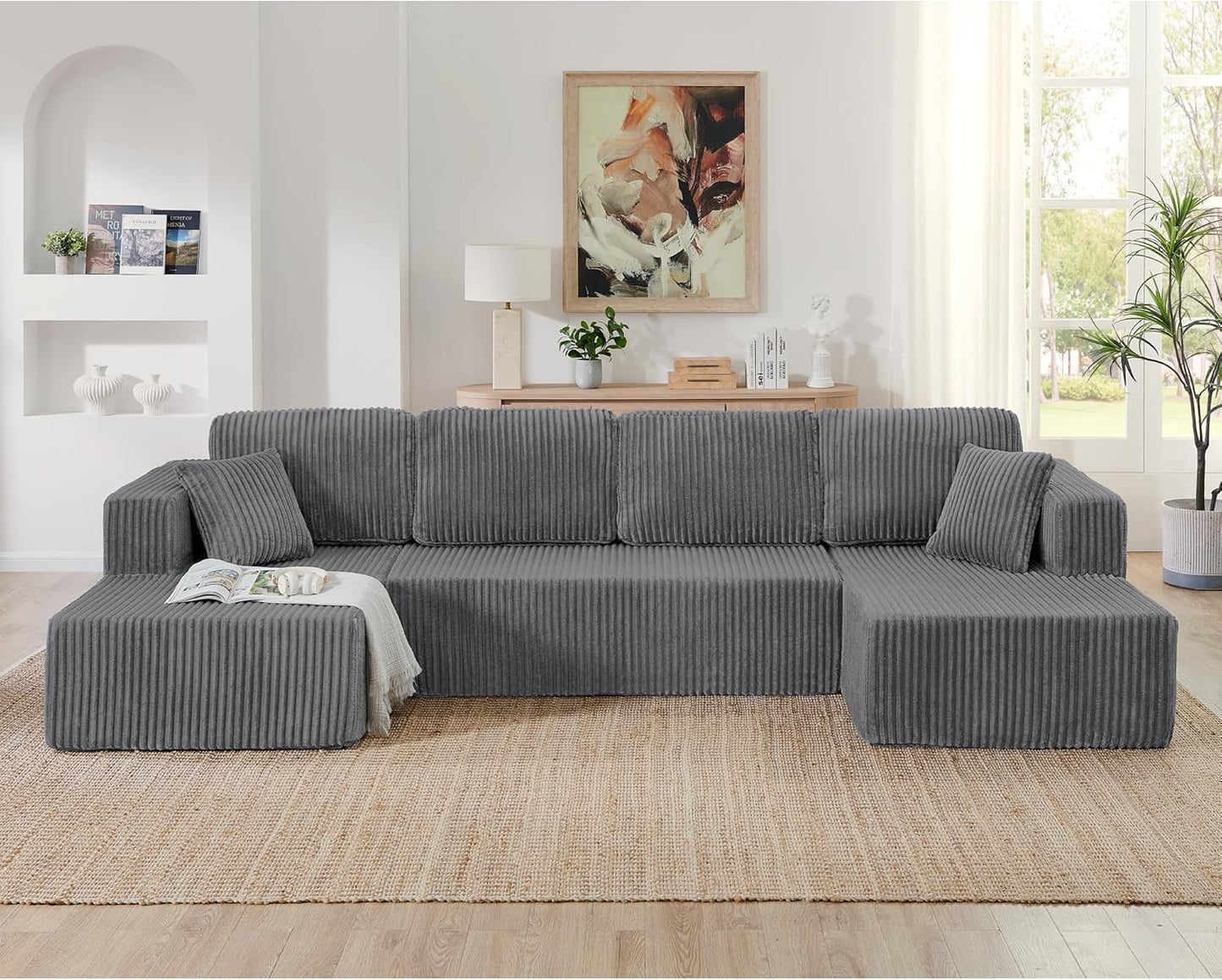 HYJT-H&K Modular Sectional Sofa Cloud Secttional Couch, 132" Comfy U Shaped Couches for Living Room, Deep Seat Memory Foam Fluffy Plush Corduroy Boneless Couch Sectionals with Chaise, Grey