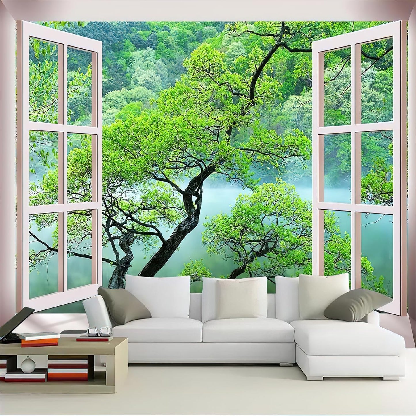 FENDROM Misty Lake Forest Tapestry Wall Hanging Nature Green Tree Landscape Window View Tapestries for Bedroom Living Room Dorm Decor