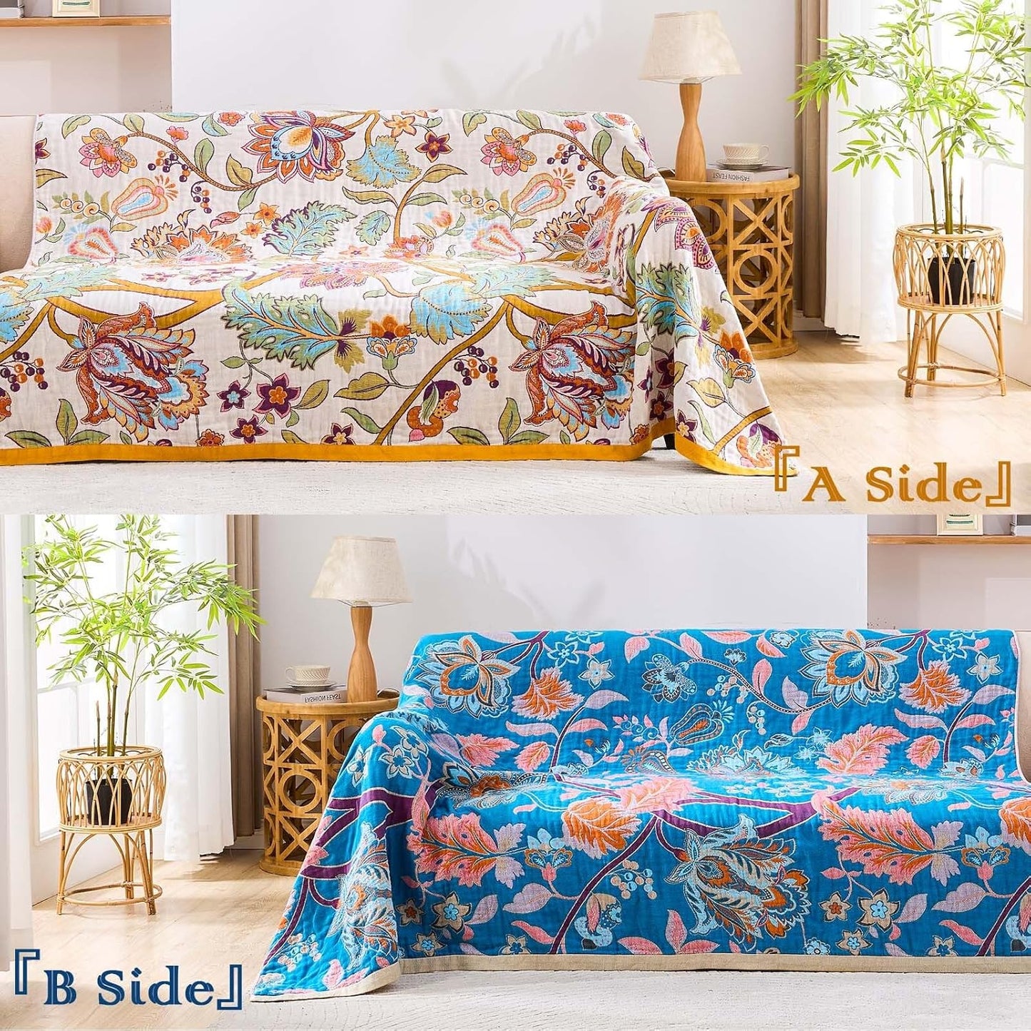 Boho Throw Blanket for Bed, 100% Cotton Soft Rustic Quilt Fall Blanket, 60"x80" Floral Printed Farmhouse Decor Bed Blankets, All Season Rustic Reversible Bohemian Throw Quilt