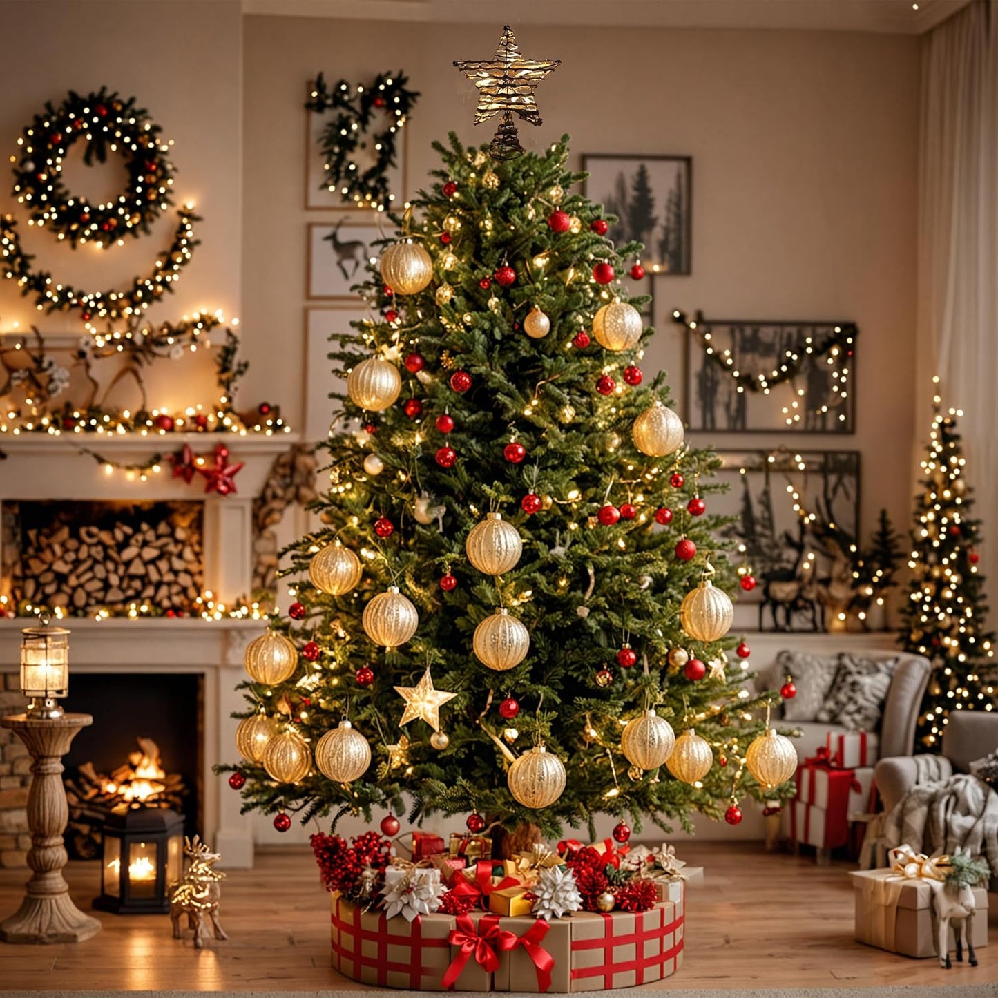 CVHOMEDECO. Rustic Rattan Christmas Tree Star Topper with LED Lights, Farmhouse Christmas Tree Toppers Decoration, 8 x 10 Inch