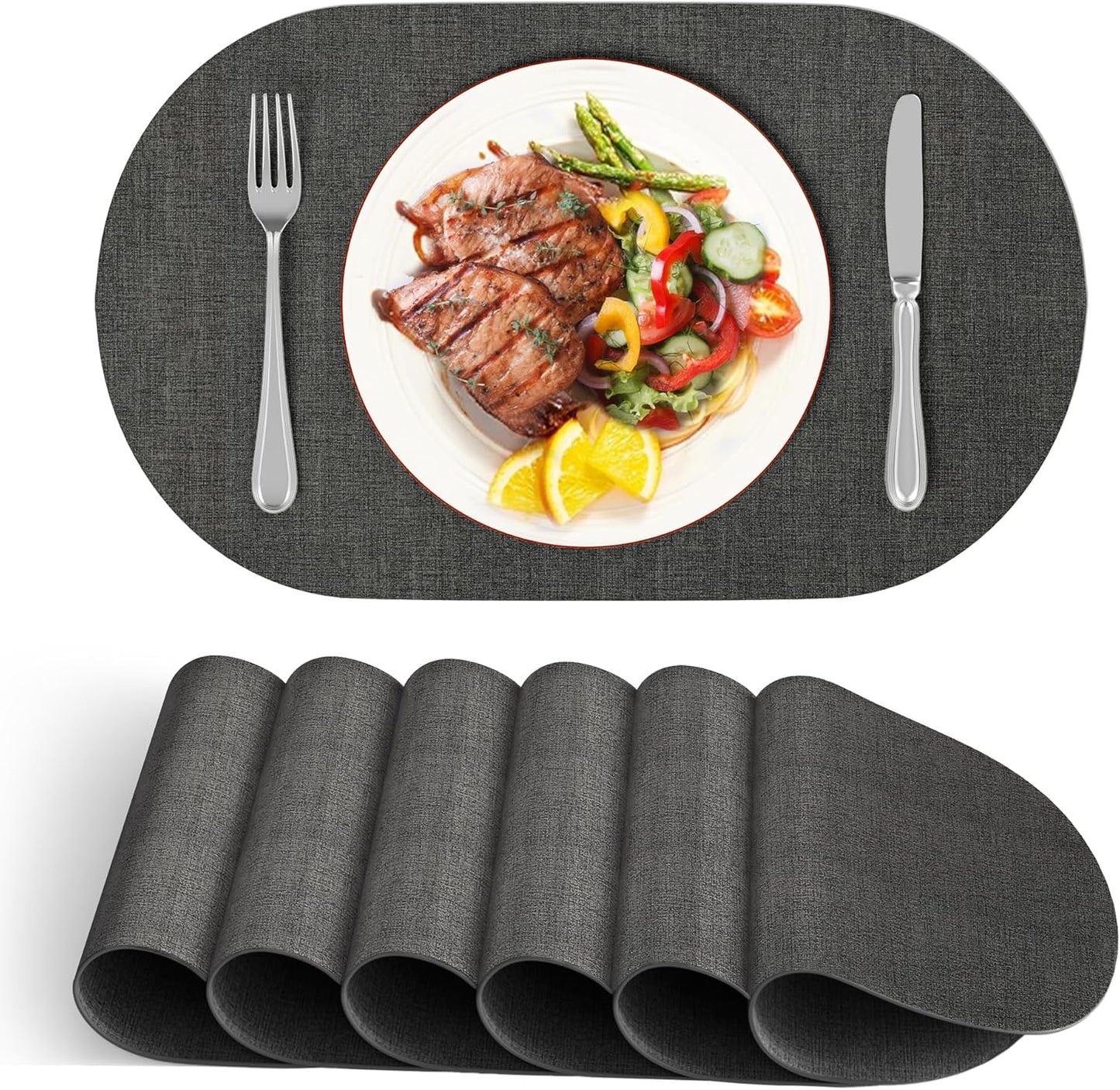 DOLOPL Large Placemats Set of 6, Oval Reversible Wipeable & Non-Slip Place Mats, Modern Faux Leather Table Mats for Kitchen, Neutral Tablemats for Dining Table Decor, Wedding, Party(Charcoal)