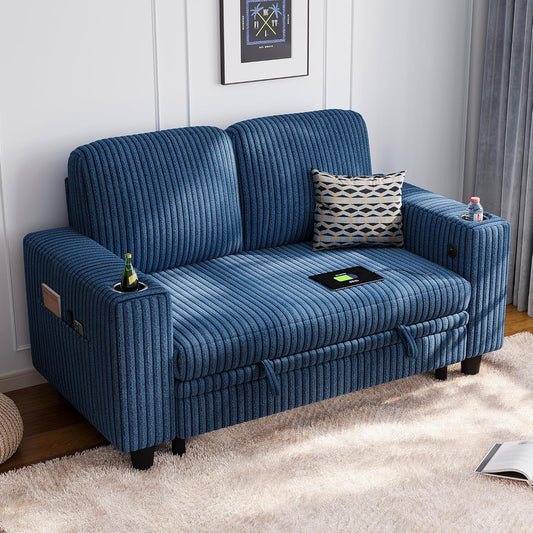 LINSY HOME Loveseat Sofa with Storage - Comfy Plush Corduroy 2 Seater Sofa with USB Charging & Cup Holders, Deep Seat Love Seat for Small Spaces Living Room Bedroom Apartment, Blue
